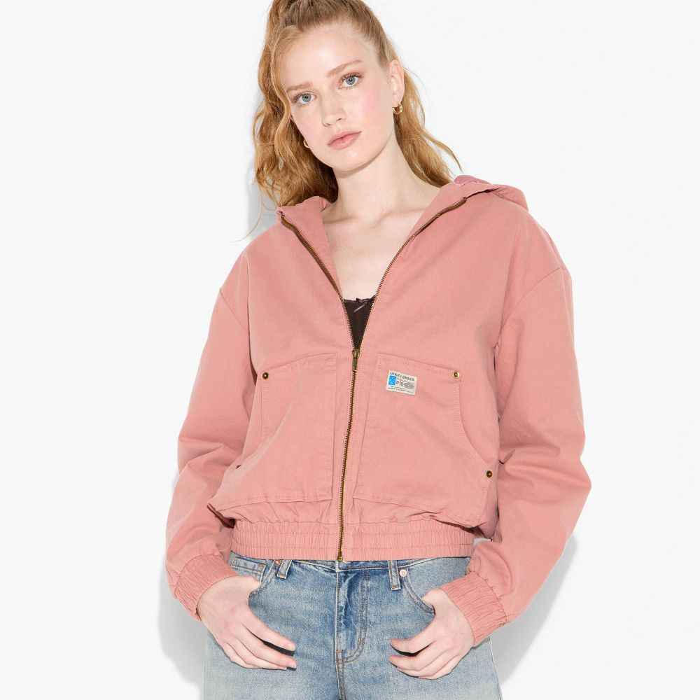 New - Women's Canvas Hooded Utility Jacket - Wild Fable™ Pink S