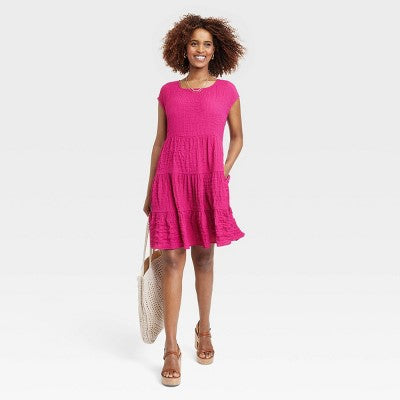 Knox Rose Women's Short Puff Sleeve Eyelet Midi Dress Smocked Waist Knox RoseBullseye Deals