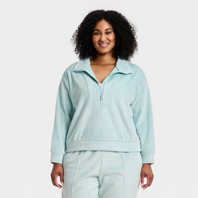 New - Women's Velour Ribbed 1/2 Zip Sweatshirt - All In Motion™ Light Aqua Blue XL