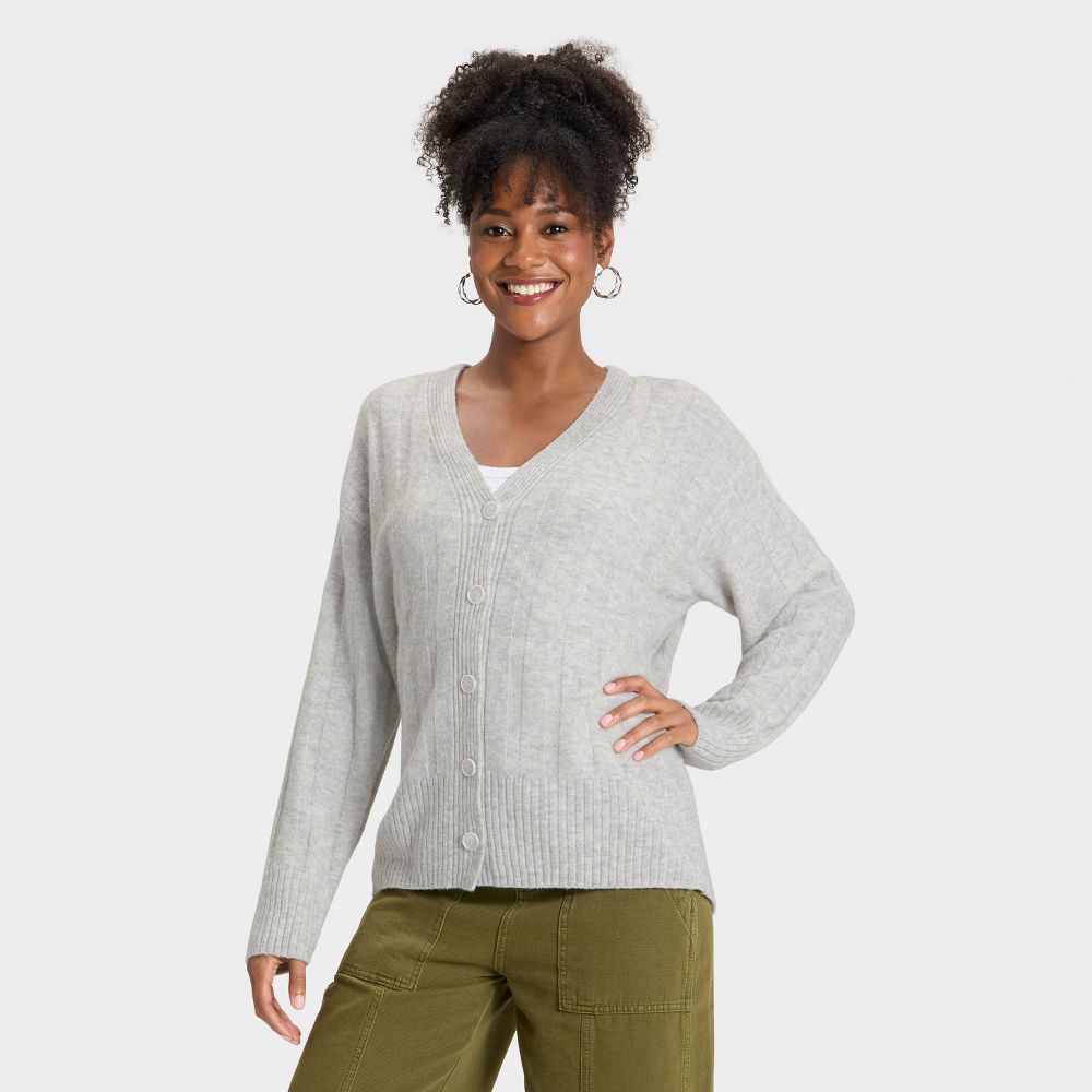 New - Women's Knit Ribbed Cardigan - Universal Thread™ Heather Gray L