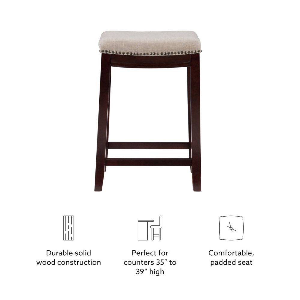 New - Claridge Backless Nailhead Saddle Counter Height Barstool Linen - Linon: Chic Beige, Rubberwood Frame