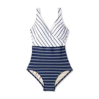 Women's Striped V-Neck Full Coverage One Piece Swimsuit - Kona Sol Navy Kona SolBullseye Deals