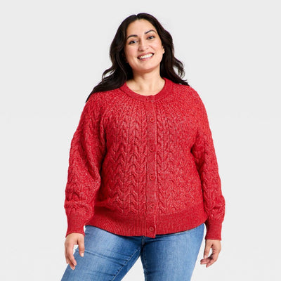 New - Women's Button-Front Cable Knit Cardigan Sweater - Ava & Viv™ Red XXL
