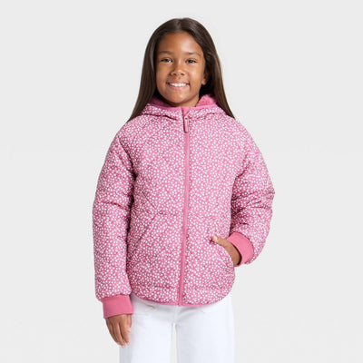 New - Girls' Floral Printed Hooded Reversible Puffer - Cat & Jack™ Rose Pink XL