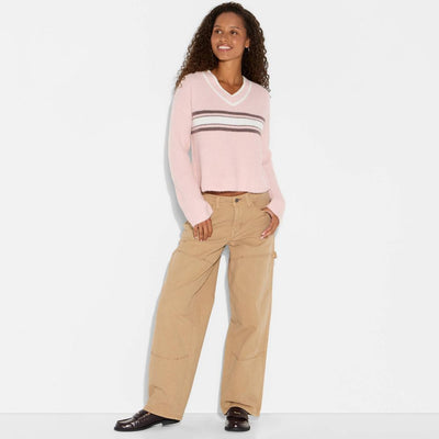 New - Women's V-Neck Pullover Sweater - Wild Fable™ Light Pink Rugby Striped L