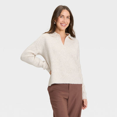 Open Box - Women's Cozy Knit Polo - A New Day™ Oatmeal S