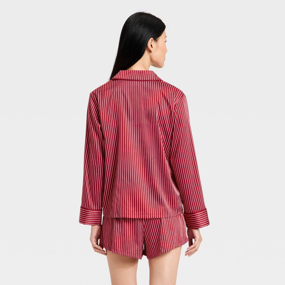 New - Women's Luxury Collection Satin Notch Collar Long Sleeve Shirt and Shorts Pajama Set - Auden™ Red Striped XS