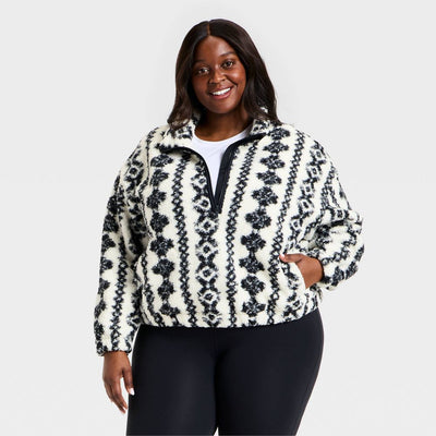 New - Women's High Pile Fleece 1/2 Zip Pullover Jacket - All In Motion™ Cream/Black 2X