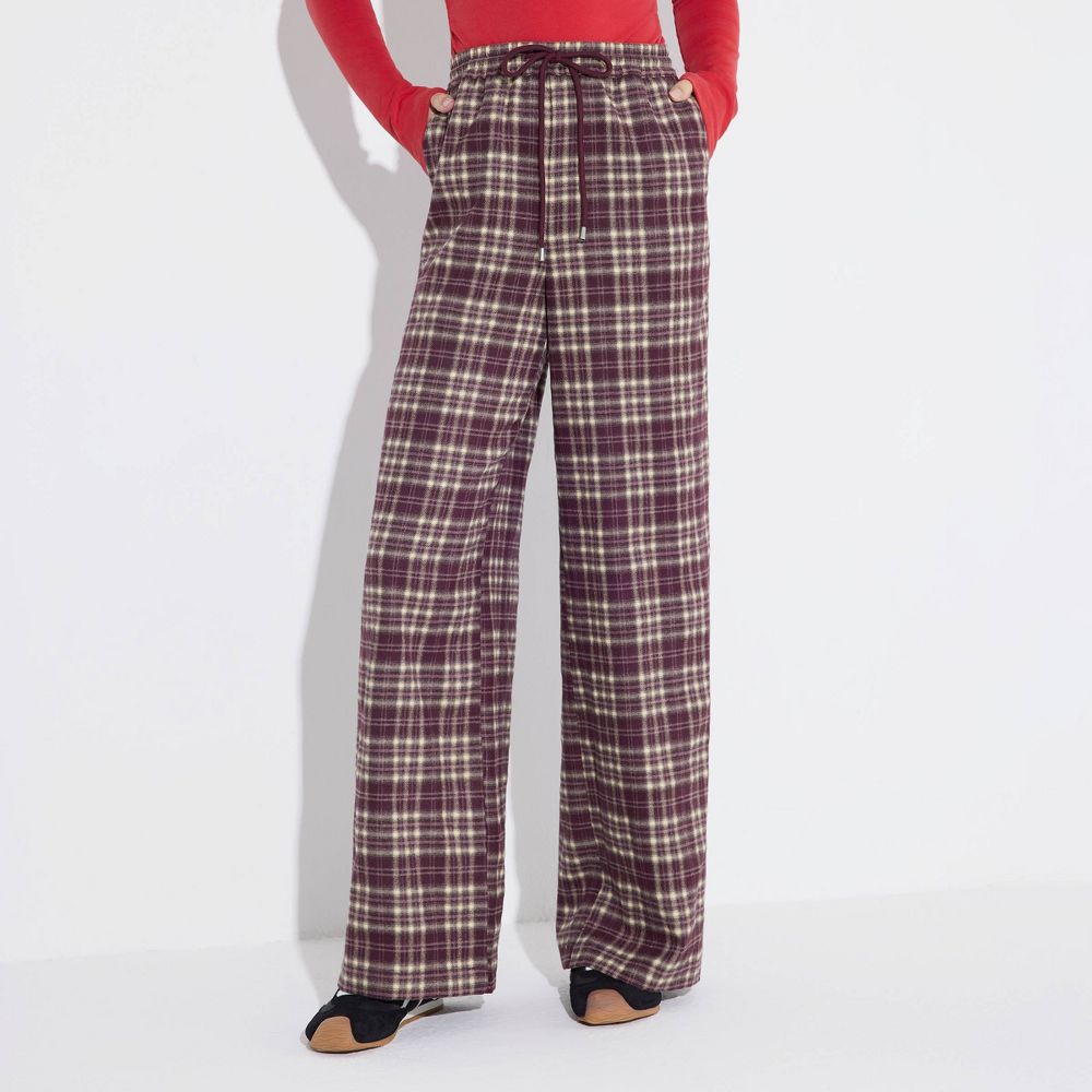 New - Women's Mid-Rise Wide Leg Pull-On Pants - Wild Fable™ Burgundy/Cream Plaid XXL
