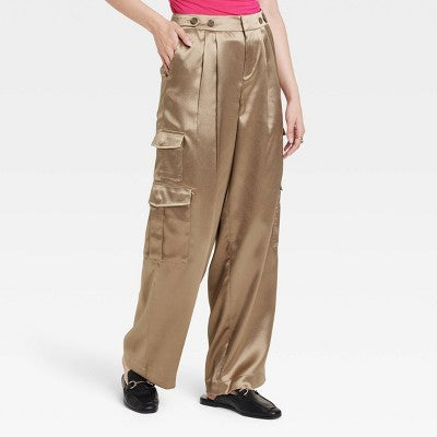 New - A New Day Women's Straight Relaxed High Rise Satin Cargo Pants Glossy A New DayBullseye Deals