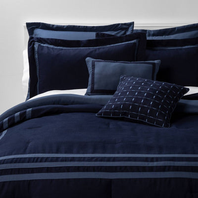 New - 8pc Queen Applique Border Comforter Set Navy/Blue - Threshold™: Embroidered, OEKO-TEX Certified, Herringbone