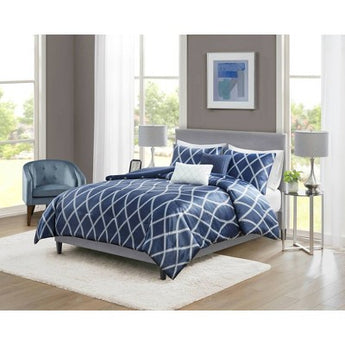 New - 4pc Twin/Twin Extra Long Zara Charmeuse Geo Print Comforter Bedding Set - Navy: Includes Decorative Pillows, OEKO-TEX Certified No BrandBullseye Deals