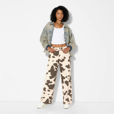 New - Women's High-Rise Straight Leg Pants - Wild Fable™ Brown Cow Print XXS