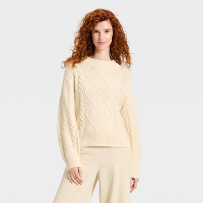 New - Women's Cozy Alpine Cable Knit Crewneck Pullover Sweater - Universal Thread™ Cream XL