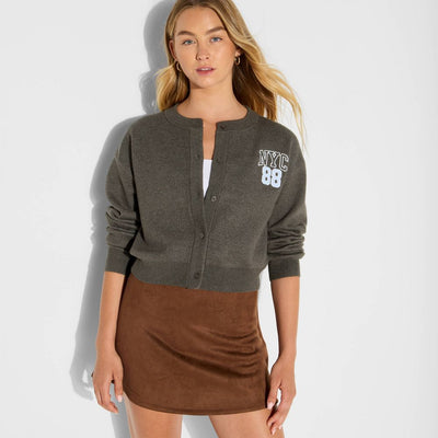 New - Women's NYC Teddy Bear Graphic Cardigan - Gray XL