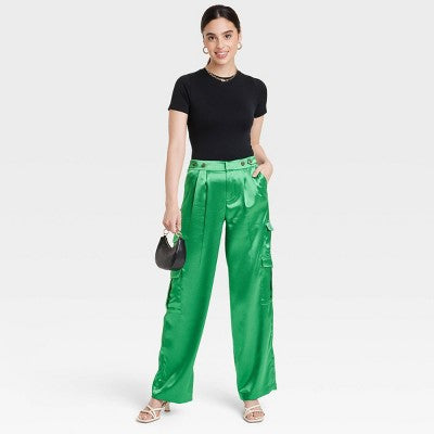 New - A New Day Women's Straight Relaxed High Rise Satin Cargo Pants Glossy A New DayBullseye Deals