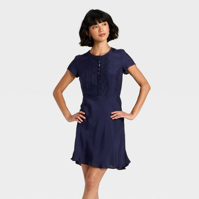New - Women's Short Sleeve Mini A-Line Dress - Universal Thread™ Navy Blue M