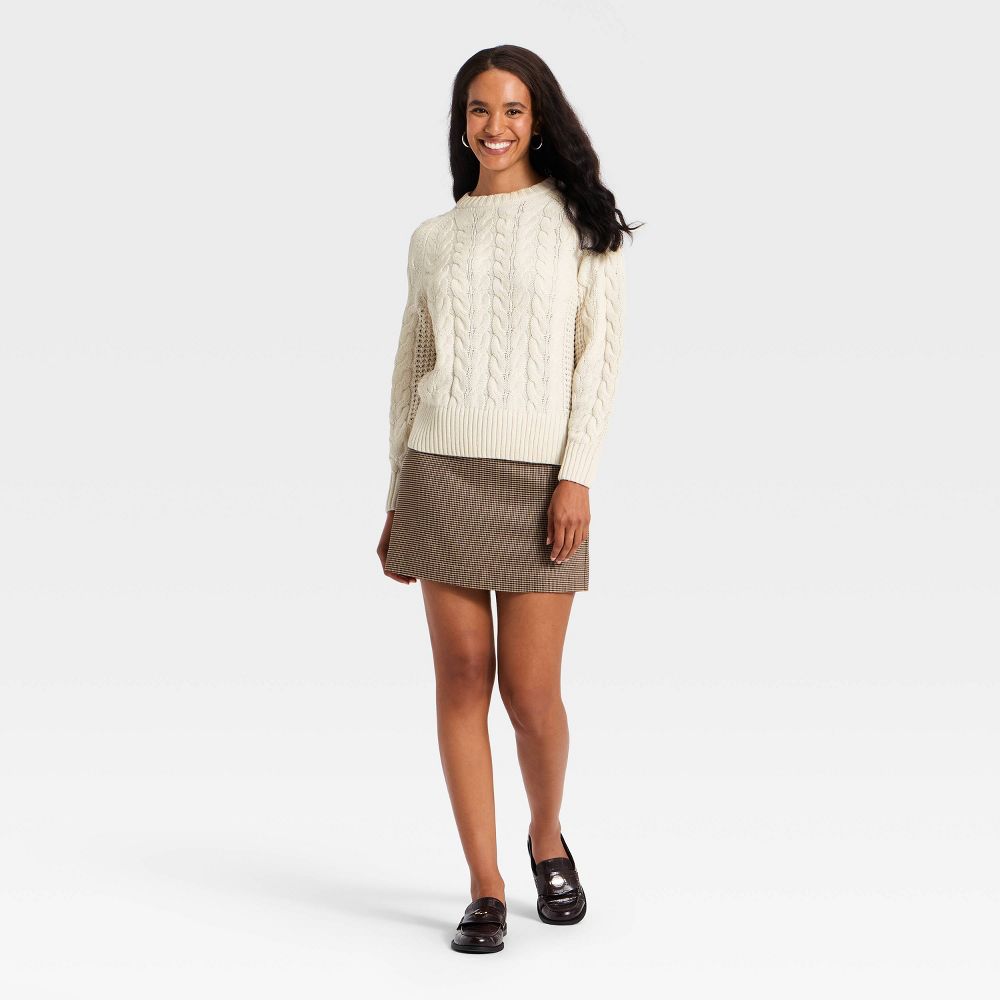New - Women's Round Neck Cable Sweater - A New Day™ Cream S