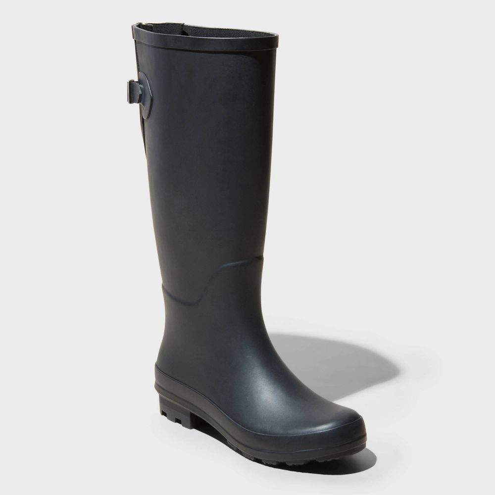 New - Women's Wide Width River Tall Rain Boots - A New Day™ Black 5W: Waterproof, Adjustable Buckle, Non-Marking Sole