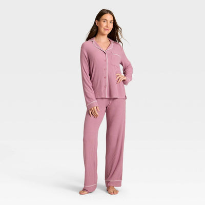 New - Women's Cozy Ribbed Notch Collar Long Sleeve Shirt and Pants Pajama Set - Auden™ Pink XS