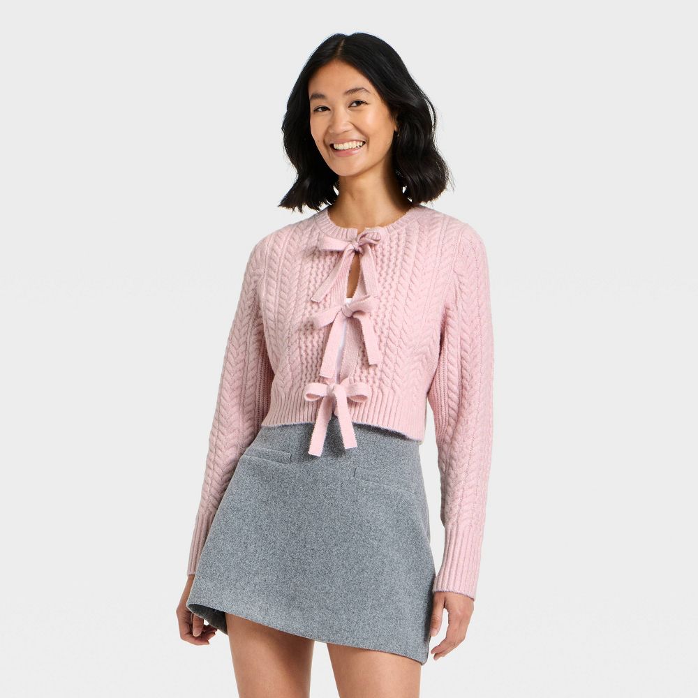 Open Box - Women's Long Sleeve Bow Cardigan Sweater - A New Day™ Pink M