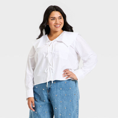 New - Women's Long Sleeve Relaxed V-Neck Tie-Front Blouse - Future Collective White XXL