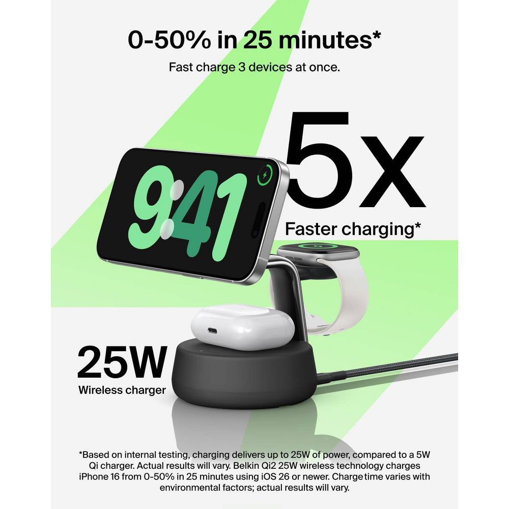 New - Belkin 25W Qi2 Wireless 3-in-1 Stand - Charcoal Gray