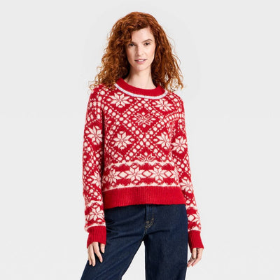 New - Women's Cozy Alpine Snowflake Crewneck Pullover Sweater - Universal Thread™ Red XS