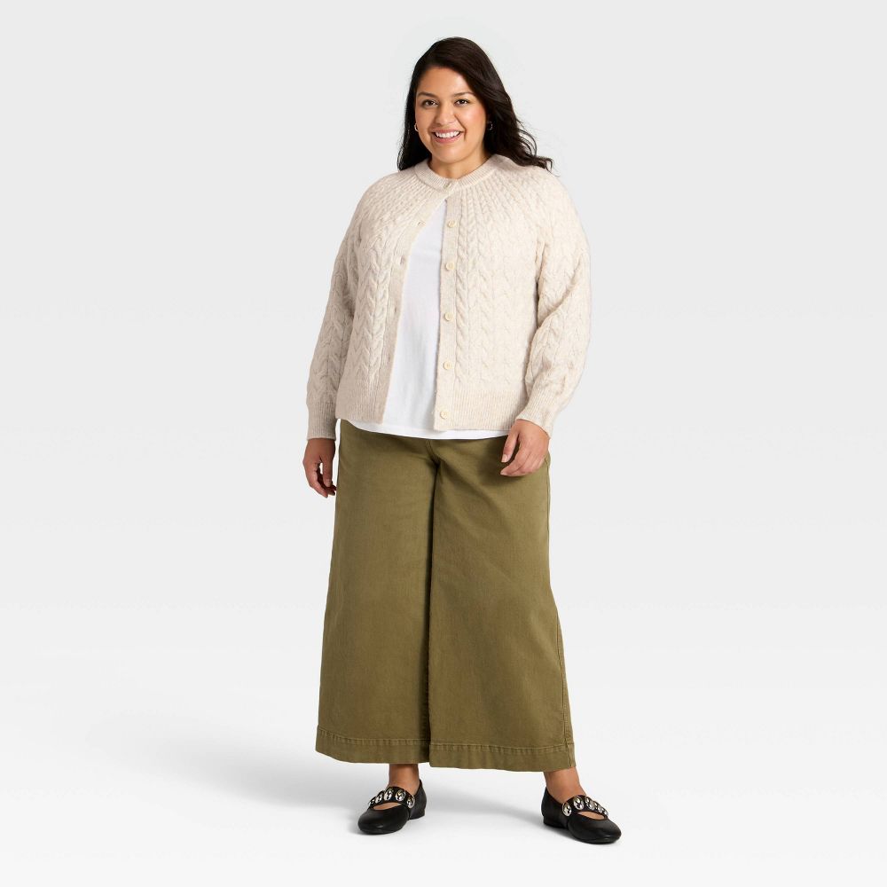 New - Women's Button-Front Cable Knit Cardigan Sweater - Ava & Viv™ Oatmeal 2X
