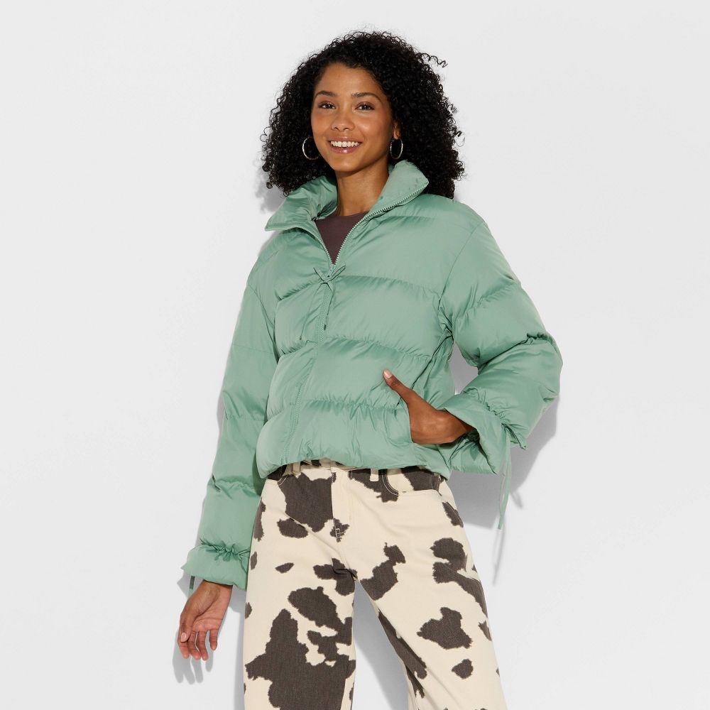 New - Women's Bow Puffer Jacket - Wild Fable™ Green M