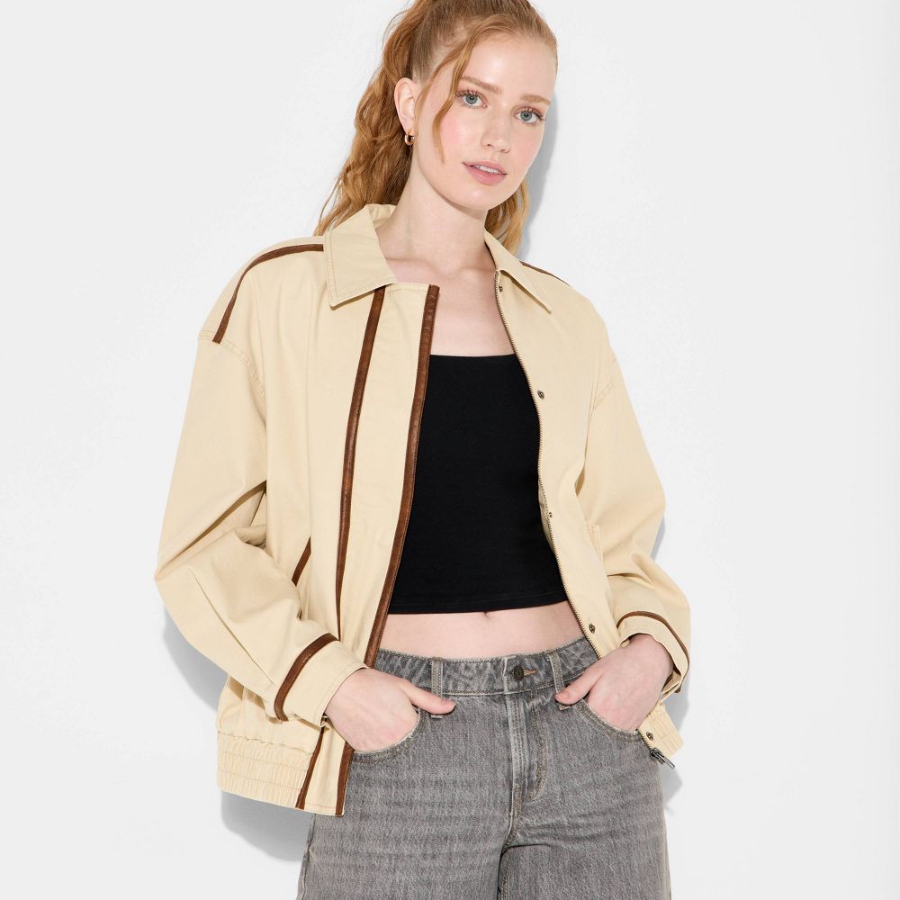 New - Women's Canvas Faux Leather Trim Bomber Jacket - Wild Fable™ Beige M