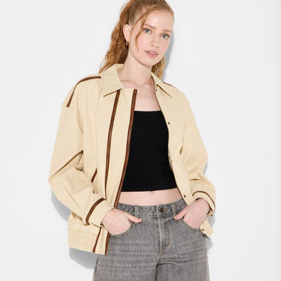 New - Women's Canvas Faux Leather Trim Bomber Jacket - Wild Fable™ Beige M