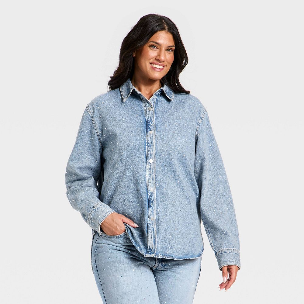 New - Women's Button-Down Rhinestone Denim Shirt - Universal Thread™ Light Wash L
