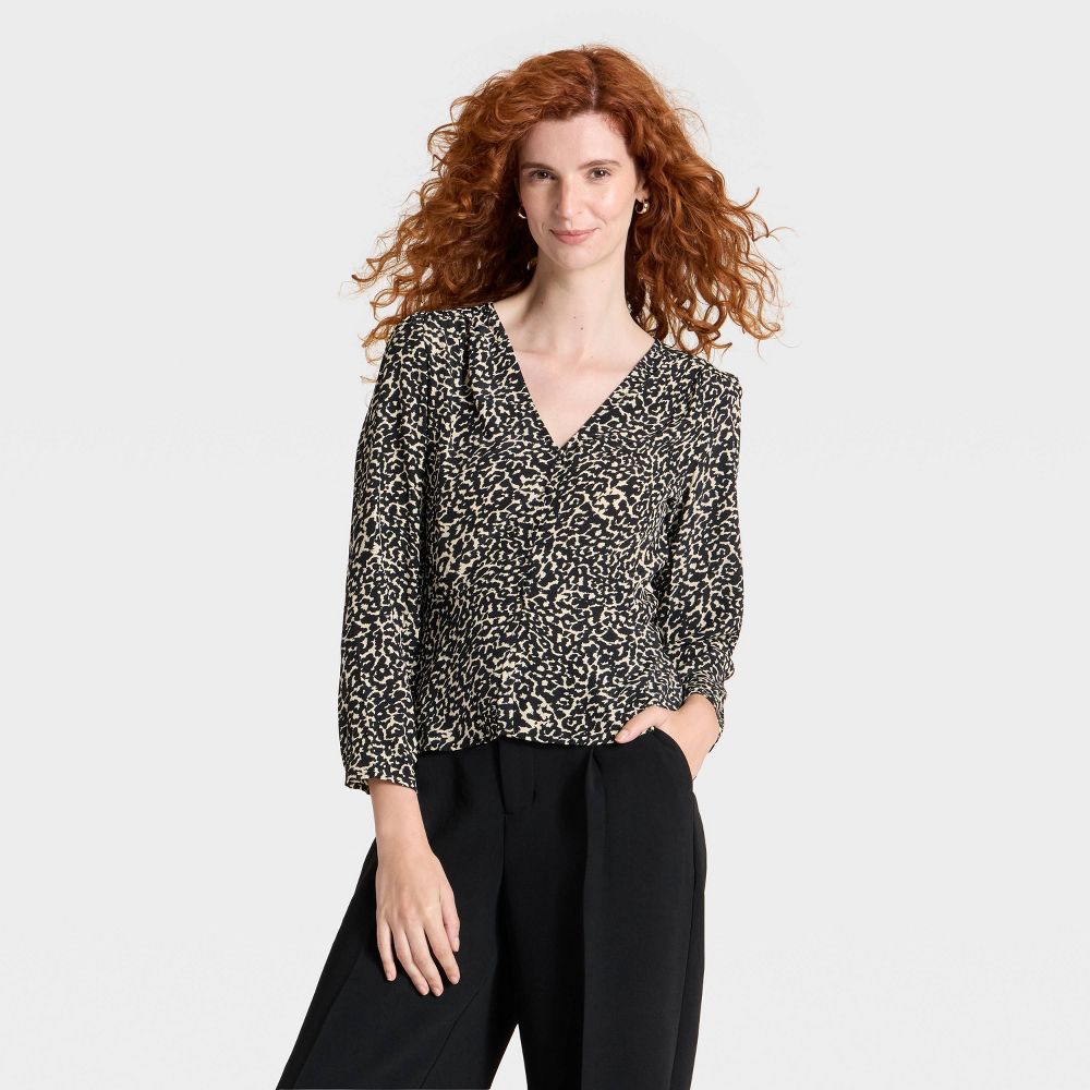 New - Women's Long Sleeve Button-Front Top - A New Day™ Leopard XS