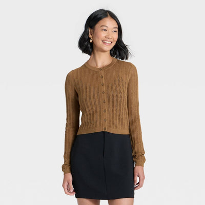New - Women's Pointelle Cardigan - A New Day™ Brown S