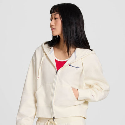New - Champion Women's Cropped Fleece Zip-Up Sweatshirt - Cream XL
