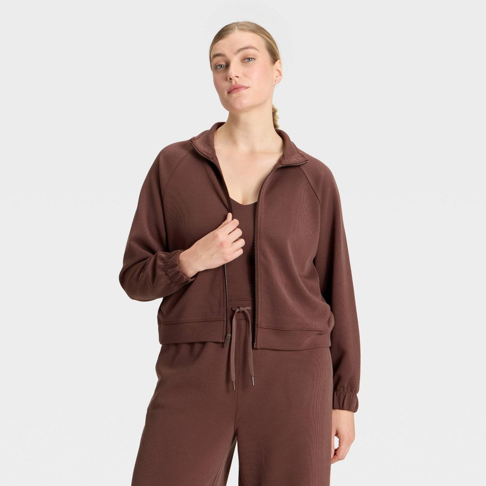 New - Women's Airy Sleek Ribbed Full Zip Jacket - All In Motion™ Brown XXL