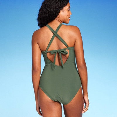 Open Box - Shade & Shore Women's Plunge One Piece Swimsuit Back Tie Bathing Suit Shade & ShoreBullseye Deals