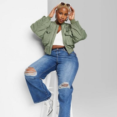 New - Wild Fable Women's Zip-Up Cropped Winter Bomber Jacket Utility Pockets Wild FableBullseye Deals