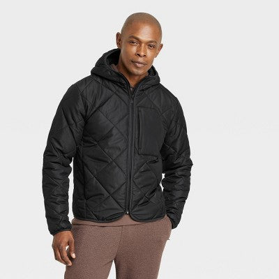 New - All In Motion Men's Zip-Up Winter Hooded Wind-Resistant Quilted Jacket Packable All in MotionBullseye Deals