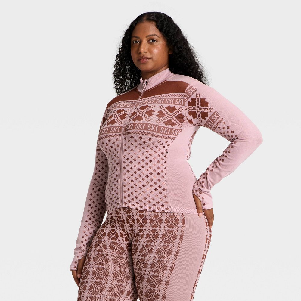 New - Women's Seamless Fair Isle Printed Full Zip Jacket - All In Motion™ Maroon/Light Pink XXL