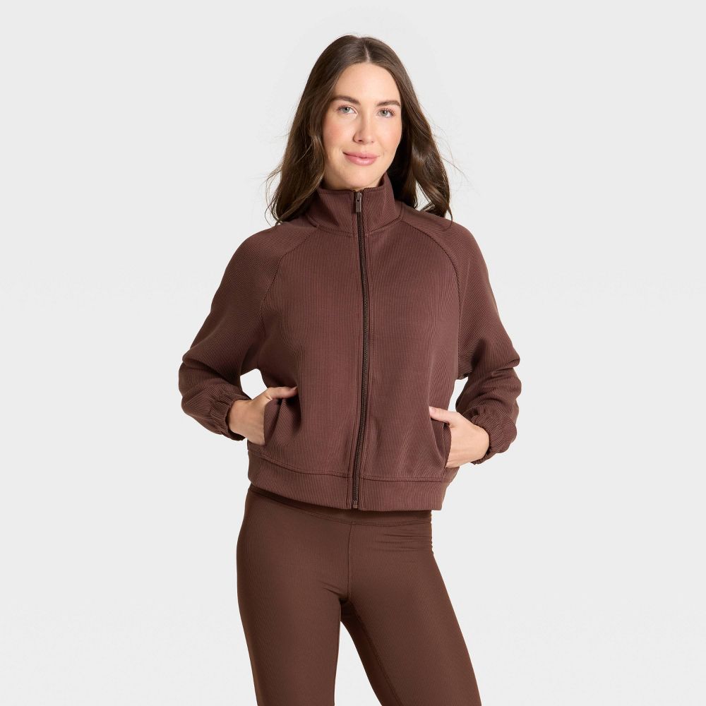 New - Women's Airy Sleek Ribbed Full Zip Jacket - All In Motion™ Brown XL