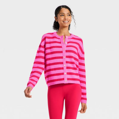 New - Women's Button-Up Cardigan Sweater - JoyLab™ Neon Pink/Red Stripe XXS