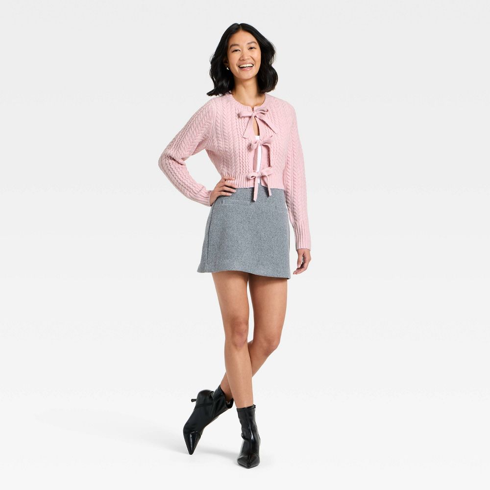 New - Women's Long Sleeve Bow Cardigan Sweater - A New Day™ Pink M