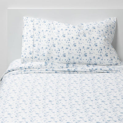 New - Twin/Twin XL Printed Performance 400 Thread Count Sheet Set White/Blue Floral - Threshold™: Cotton Satin, 3-Piece Set