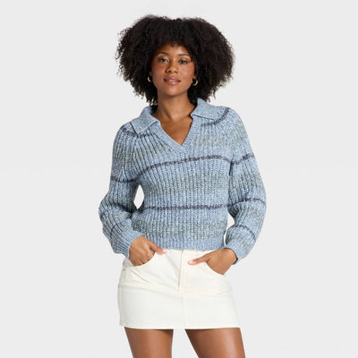 New - Women's Chunky Polo Collar Pullover Sweater - Universal Thread™ Blue Striped L