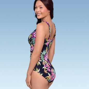 Women's UPF 50 V-Neck Ruched One Piece Swimsuit - Shape + Style by Aqua Green Multi Floral Print 6