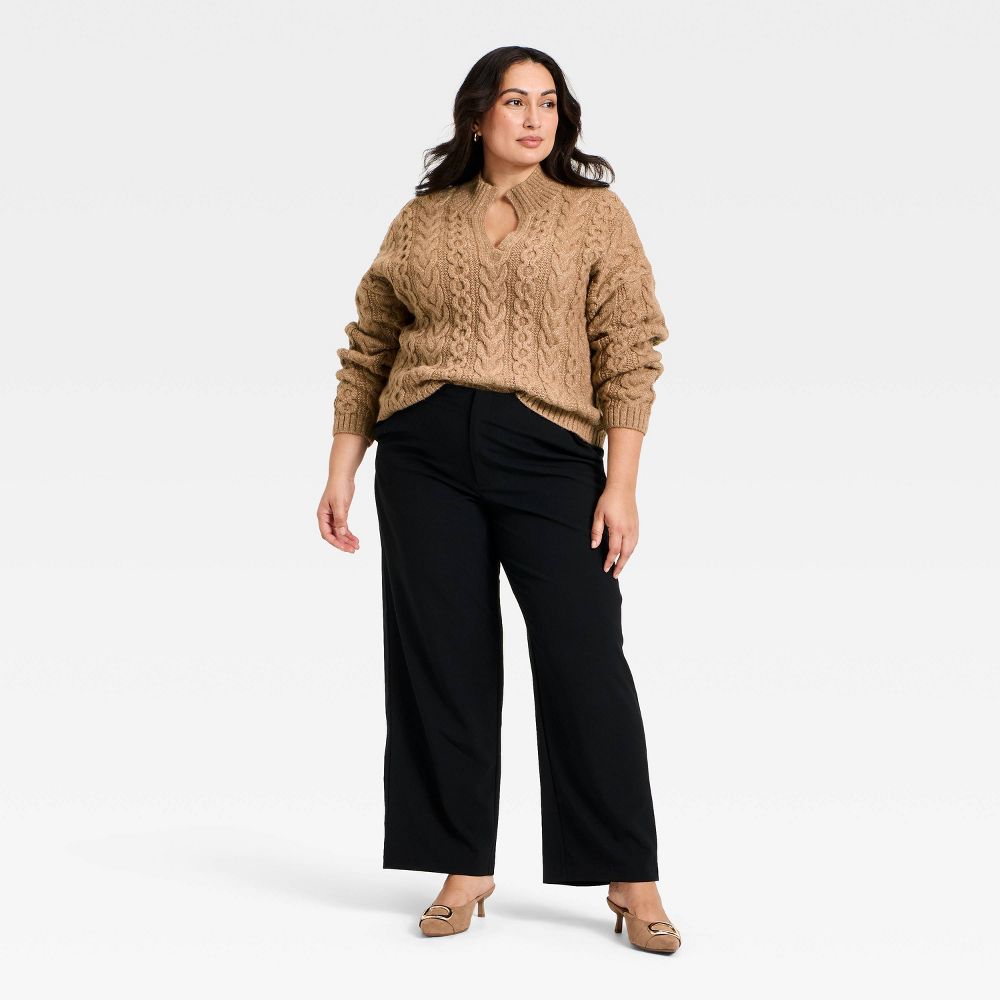 New - Women's Split Neck Cable Pullover Sweater - A New Day™ Brown XXL