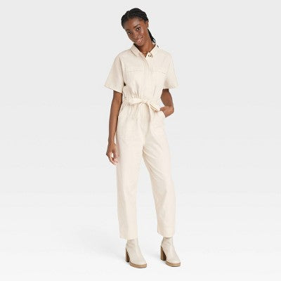 New - Women's Short Sleeve Button-Front Boilersuit - Universal Thread Universal ThreadBullseye Deals