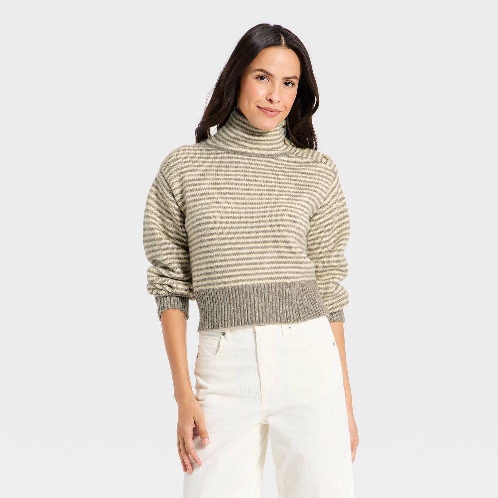 New - Women's Mock Turtleneck Button Pullover Sweater - Universal Thread™ Taupe Striped S